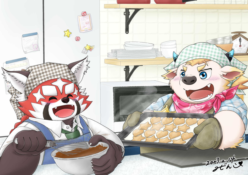 ailurid anthro babe_bunyan baking blonde_hair blush bovid bovine bowl candy cattle chocolate clothing container dessert duo food fur gloves hair handwear hi_res holidays lifewonders male mammal mijinkoooknijim red_body red_fur red_panda slightly_chubby tokyo_afterschool_summoners valentine's_day young zhurong_(tas)