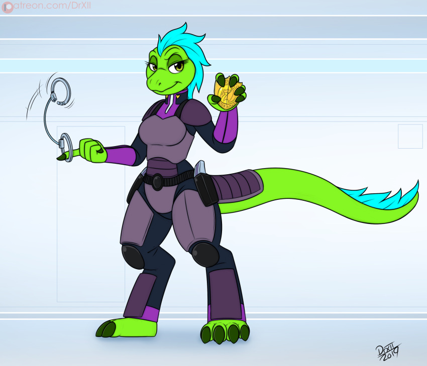 4_toes anthro armor badge body_armor claws clothed clothing cuff_(restraint) digital_media_(artwork) drxii feet female handcuffs hi_res kobold kobold_quest lizard looking_at_viewer metal_cuffs reptile restraints scalie security_guard security_uniform simple_background smile solo tail toes uniform