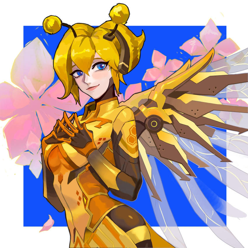 animification bangs blue_eyes blush bodysuit breasts commentary fake_antennae flower gloves highres honey_bee_mercy looking_to_the_side mechanical_wings mercy_(overwatch) official_alternate_costume orange_bodysuit orange_gloves overwatch overwatch_2 own_hands_together pink_flower ponytail small_breasts smile symbol-only_commentary wings yshua