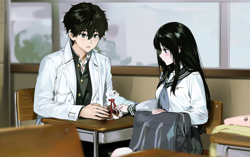 1boy 1girl bag bangs black_sailor_collar black_skirt blurry blurry_foreground blush brown_hair chair chitanda_eru coat desk green_eyes highres hyouka indoors long_hair mery_(yangmalgage) neckerchief open_mouth oreki_houtarou pleated_skirt sailor_collar shirt short_hair skirt valentine white_coat white_shirt