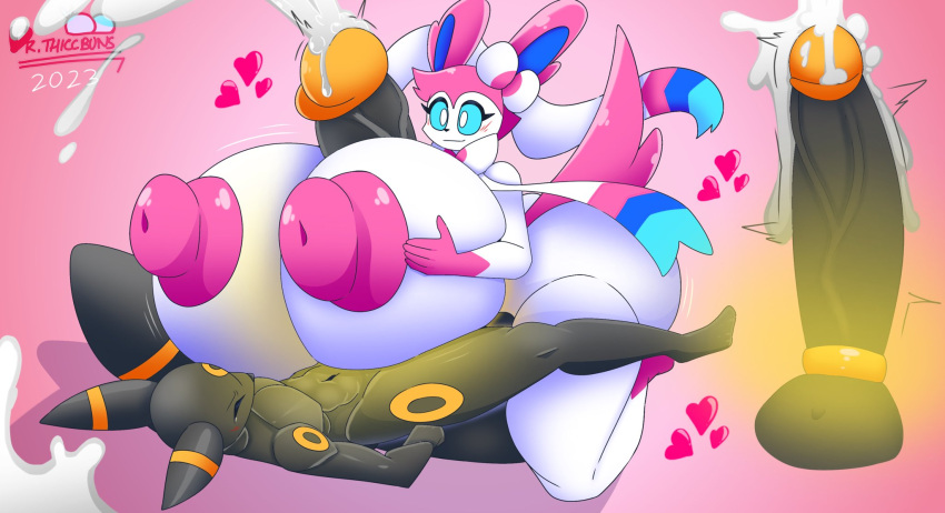 anthro big_breasts black_body black_fur blue_eyes bodily_fluids breast_play breasts cum duo eeveelution erection felid feline female fur generation_2_pokemon generation_6_pokemon genital_fluids genitals hi_res male male/female mammal nintendo nipples nude penis pokemon pokemon_(species) ribbons simple_background smile sylveon thiccbuns umbreon white_body