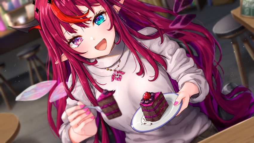 +_+ 1girl :d aqua_eyes bar_stool blueberry blurry blush breasts cake chocolate_cake crystal_wings depth_of_field detached_wings earrings fingernails food fruit grey_sweater heterochromia holding holding_plate hololive indoors irys_(hololive) jewelry large_breasts long_fingernails long_sleeves looking_at_viewer multicolored_hair nail_polish necklace open_mouth pensuke pink_eyes pink_nails plate pointy_ears purple_hair red_hair sitting smile solo stool streaked_hair sweater two-tone_hair wings