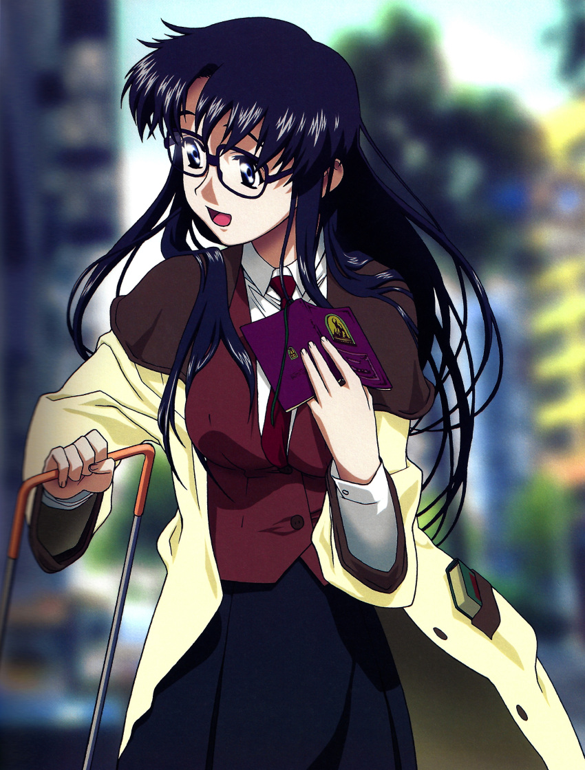 1girl absurdres album_cover bangs black_hair black_skirt blue_eyes breasts cover drama forced_perspective glasses highres ishihama_masashi large_breasts long_hair looking_to_the_side masashi necktie non-web_source official_art open_mouth read read_or_die reading sideways_glance skirt solo suitcase vest yomiko yomiko_readman