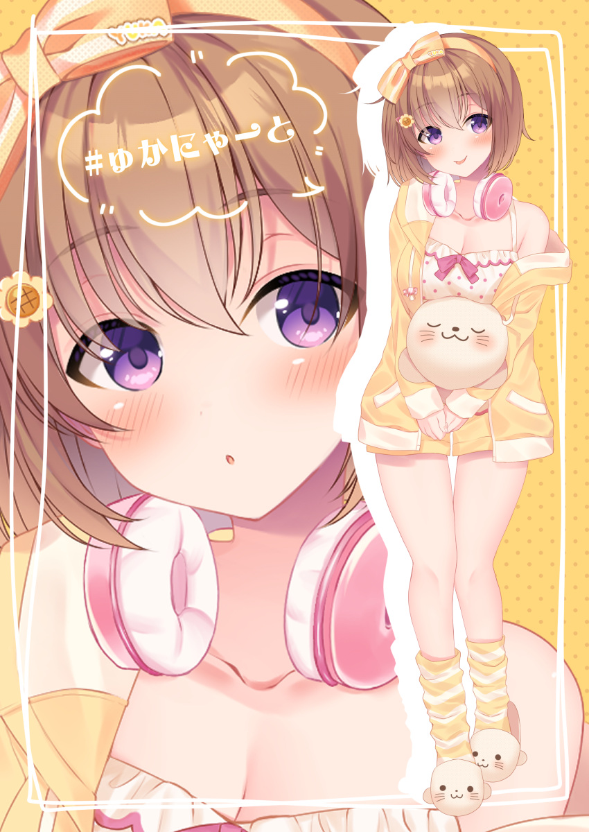 1girl :p absurdres animal_slippers asagi_shiki_(artist) bangs blush bow breasts brown_hair camisole cleavage close-up collarbone dotted_background drawstring flower full_body hair_between_eyes hair_bow hair_flower hair_ornament hairband hairclip headphones headphones_around_neck highres hinata_yuka holding holding_stuffed_toy indie_virtual_youtuber jacket looking_at_viewer medium_breasts multiple_views off_shoulder orange_bow orange_hairband pajamas parted_lips pink_headphones pink_ribbon polka_dot_camisole purple_eyes ribbon short_hair shorts slippers socks solo standing striped striped_socks stuffed_animal stuffed_toy tongue tongue_out white_camisole white_socks yellow_background yellow_jacket yellow_shorts yellow_socks zoom_layer