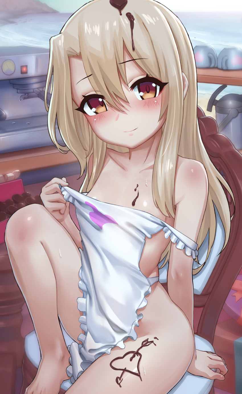 1girl apron bangs bare_shoulders blonde_hair blush box box_of_chocolates breasts candy carbon12th chocolate chocolate_on_body collarbone commentary english_commentary fate/kaleid_liner_prisma_illya fate_(series) food food_on_body gift gift_box hair_between_eyes heart heart-shaped_chocolate highres illyasviel_von_einzbern knee_up long_hair looking_at_viewer naked_apron off_shoulder red_eyes sidelocks sitting small_breasts smile solo sweatdrop thighs valentine white_apron