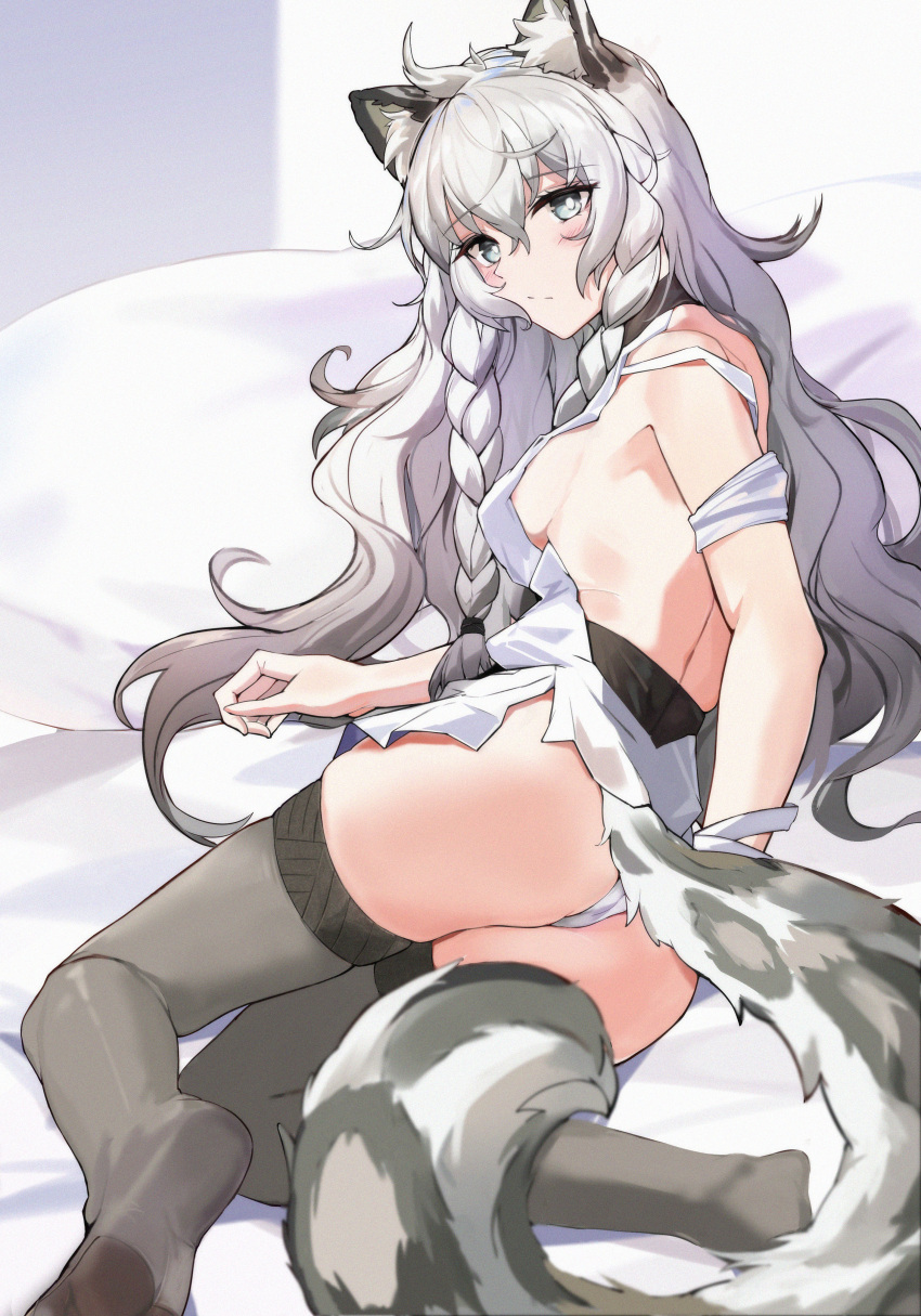 1girl absurdres animal_ear_fluff animal_ears arknights ass bangs bare_shoulders black_thighhighs blush braid breasts changpan_hutao grey_eyes highres long_hair lying medium_breasts on_bed on_side pramanix_(arknights) shirt sideboob solo tail thighhighs thighs twin_braids very_long_hair white_hair white_shirt