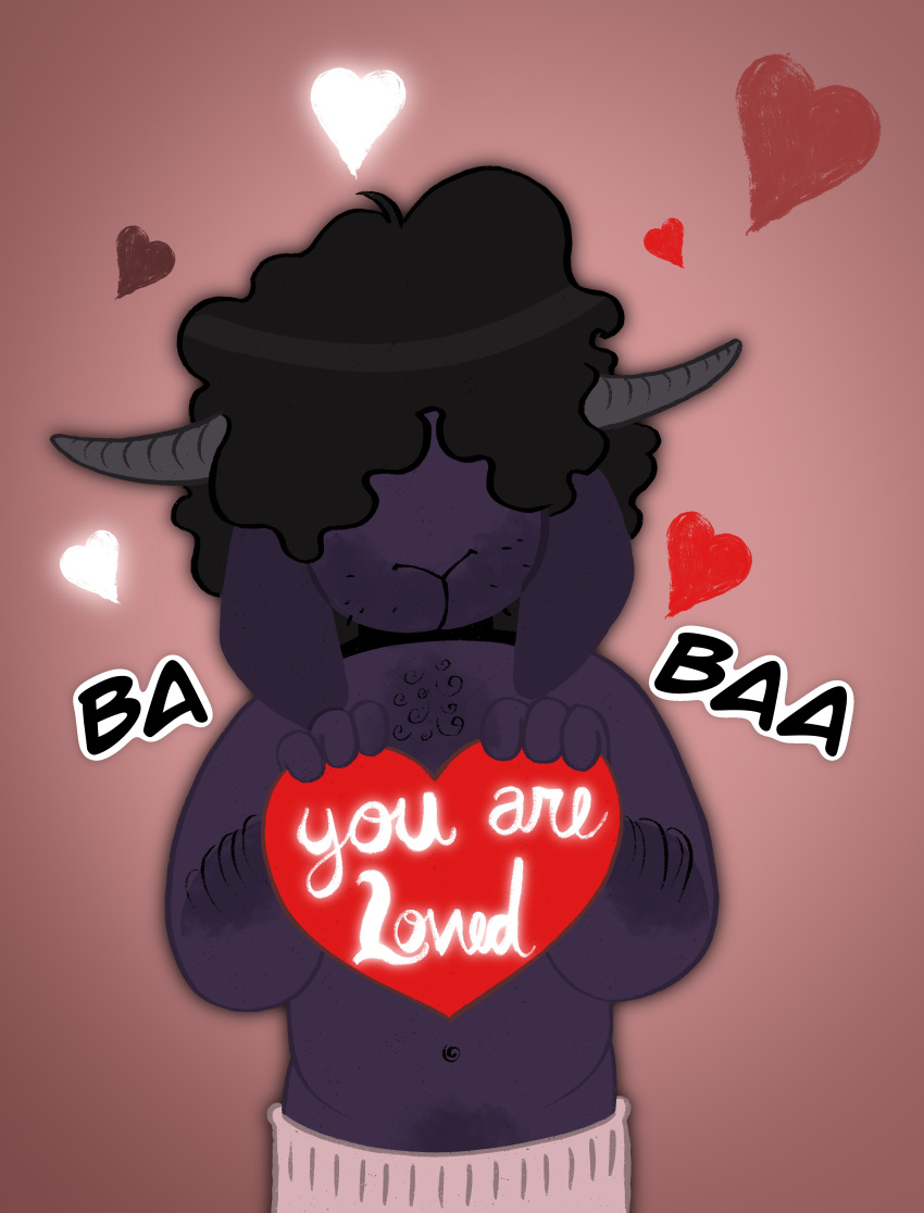 &lt;3 2023 absurd_res anthro biped black_hair bovid caprine clothed clothing digital_media_(artwork) english_text fur goat hair hair_over_eyes hi_res holidays horn male mammal purple_body purple_fur red_background simple_background solo text topless topless_anthro topless_male tush valentine's_day