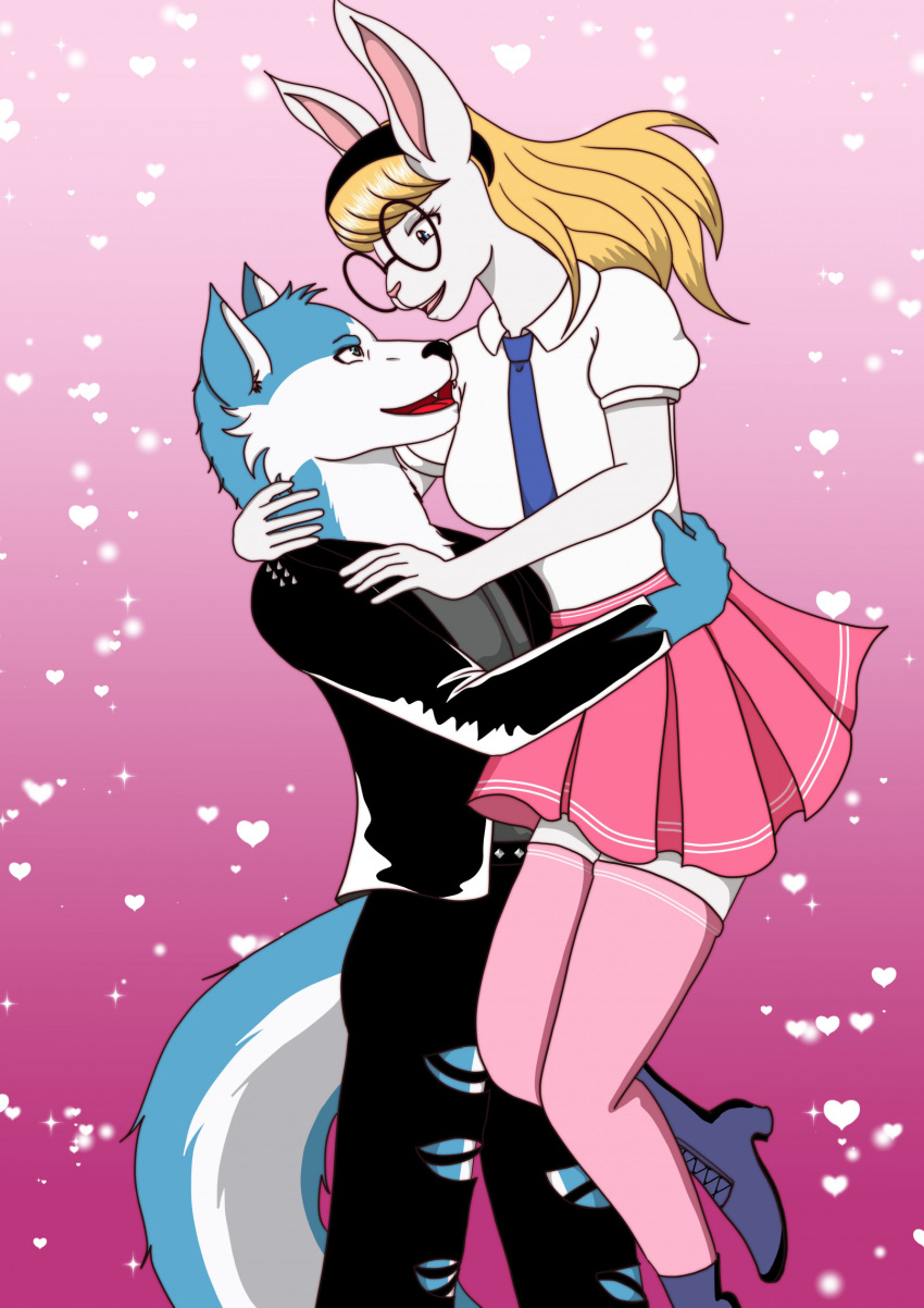 2023 5_fingers aimka alice_(dragoknight26) anthro anthro_on_anthro black_nose blonde_hair blue_body blue_fur bottomwear breasts canid canine canis carrying_another clothed clothing duo eyewear fangs female fingers fur glasses hair hi_res jacket joe_(dragoknight26) lagomorph leather leather_clothing leather_jacket leather_topwear leporid male male/female mammal multicolored_body multicolored_fur open_mouth open_smile pants pink_nose rabbit romantic romantic_couple skirt smile teeth tongue topwear torn_bottomwear torn_clothing torn_pants two_tone_body two_tone_fur white_body white_fur wolf