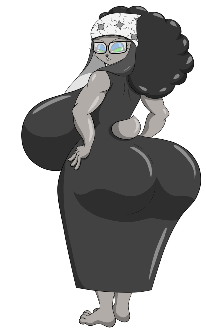 anthro big_breasts big_butt black_hair breasts buckteeth butt clothing dress eyewear female glasses green_eyes grey_body hair half-closed_eyes hand_on_hip hi_res huge_breasts huge_butt kerchief lagomorph leporid looking_at_viewer mama_rabbit_(tmftw) mammal marshall123x_(artist) narrowed_eyes rabbit solo teeth the_man_from_the_window thick_thighs wide_hips zed_technician_games