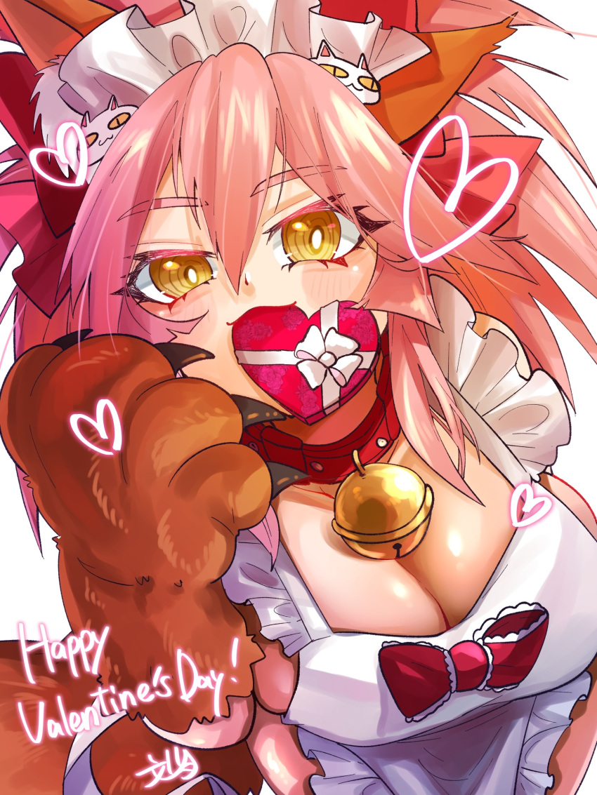 1girl @_@ animal_ear_fluff animal_ears animal_hands apron bell blush_stickers breasts cat_hair_ornament cat_paws cleavage collar fate/grand_order fate_(series) fox_ears fox_girl fox_tail fumizuki_kazuhito gift gloves hair_ornament happy_valentine heart highres holding holding_gift jingle_bell large_breasts looking_at_viewer maid_headdress naked_apron neck_bell paw_gloves pink_hair ponytail solo tail tamamo_(fate) tamamo_cat_(fate) tamamo_cat_(third_ascension)_(fate) valentine
