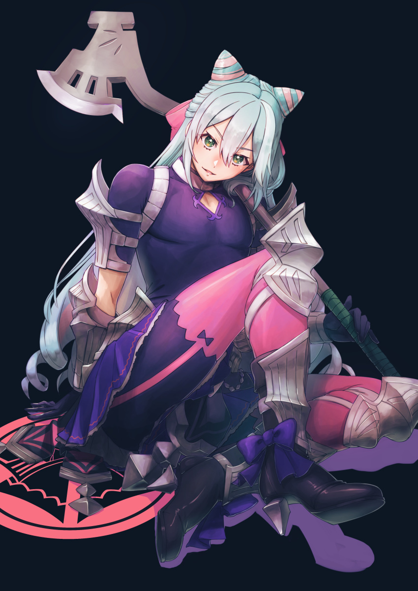 1boy absurdres aduti_momoyama androgynous arm_behind_back arm_guards arm_support armor axe bangs black_footwear blue_background blue_hair boots bow clothing_cutout collar cone_hair_bun crossdressing diamond_cutout double_bun drill_hair drop_shadow eyes_visible_through_hair fire_emblem fire_emblem_engage footwear_bow gloves green_eyes green_pupils hair_between_eyes hair_bow hair_bun half_updo high_heel_boots high_heels highres holding holding_axe knee_pads light_blue_hair long_hair looking_at_viewer male_focus metal_collar miniskirt multicolored_eyes multicolored_hair open_mouth orange_eyes otoko_no_ko over_shoulder pantyhose pectoral_cleavage pectorals pink_bow pink_hair pink_pantyhose pleated_skirt purple_bow purple_gloves purple_skirt rosado_(fire_emblem) short_sleeves simple_background sitting skindentation skirt smile solo two-tone_hair very_long_hair weapon weapon_over_shoulder