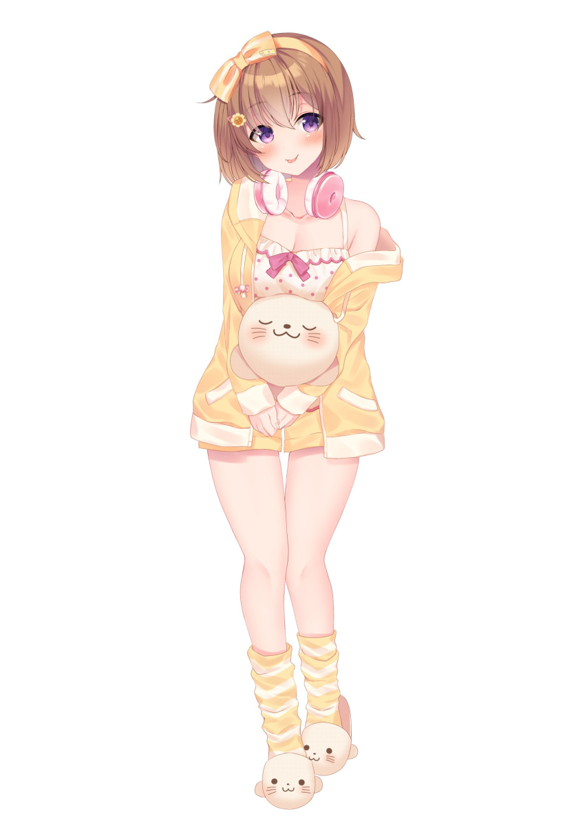 1girl :p absurdres animal_slippers asagi_shiki_(artist) bangs blush bow breasts brown_hair camisole cleavage collarbone drawstring flower full_body hair_between_eyes hair_bow hair_flower hair_ornament hairband hairclip headphones headphones_around_neck highres hinata_yuka holding holding_stuffed_toy indie_virtual_youtuber jacket looking_at_viewer medium_breasts off_shoulder orange_bow orange_hairband pajamas pink_headphones pink_ribbon polka_dot_camisole purple_eyes ribbon short_hair short_shorts shorts simple_background slippers socks solo standing striped striped_socks stuffed_animal stuffed_toy tongue tongue_out white_background white_camisole white_socks yellow_jacket yellow_shorts yellow_socks