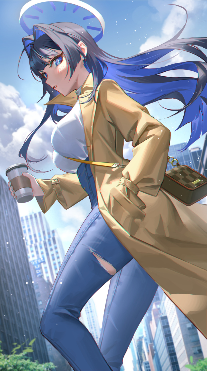 1girl absurdres bag between_breasts black_hair blue_eyes blue_hair blue_pants blush breasts brown_coat coat colored_inner_hair commentary cup denim disposable_cup halo hand_in_pocket handbag highres holding holding_cup hololive hololive_english jeans jyuma large_breasts long_hair looking_at_viewer mechanical_halo multicolored_hair open_clothes open_coat ouro_kronii pants shirt torn_clothes torn_pants virtual_youtuber white_shirt