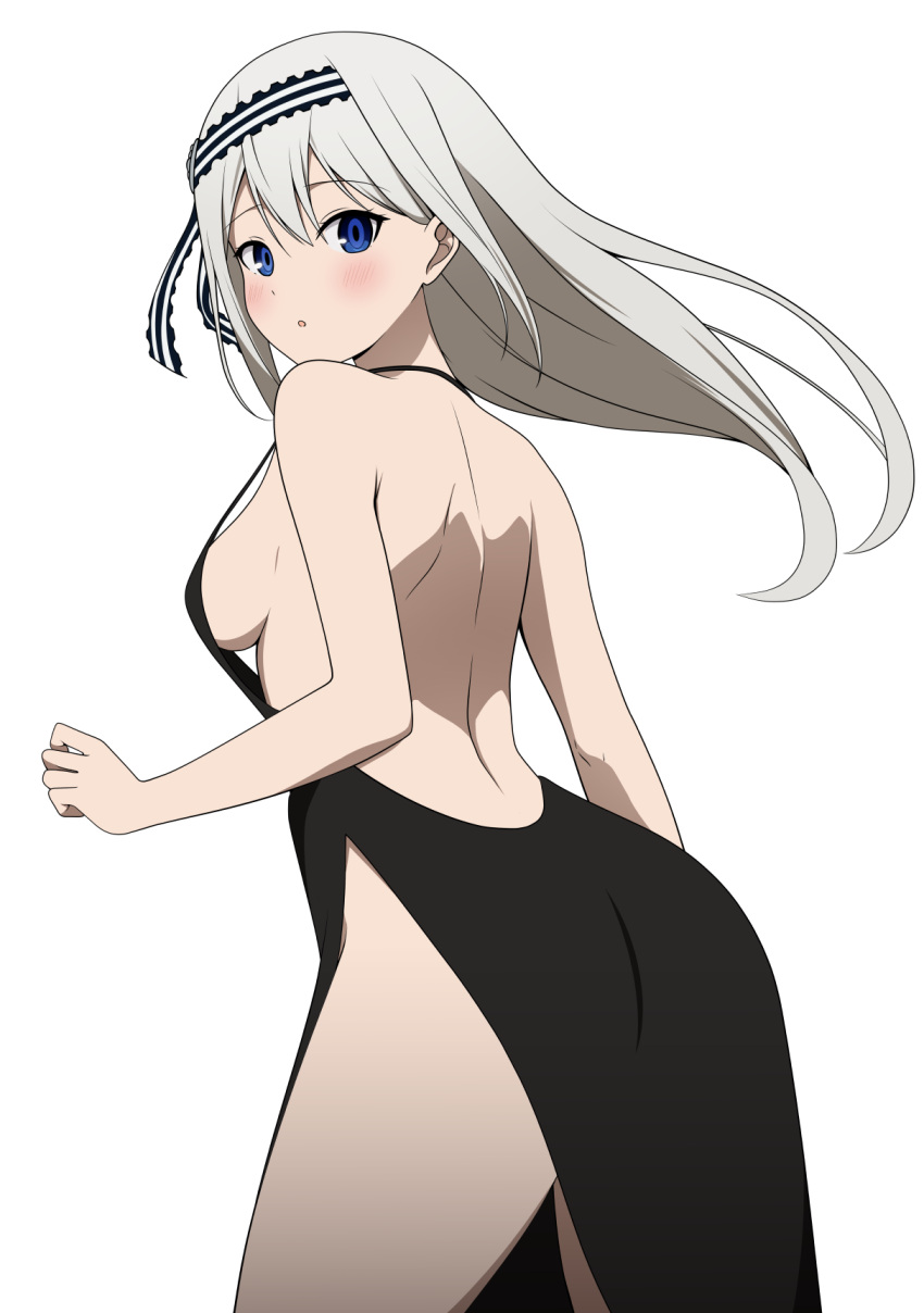 1girl :o ass back backless_dress backless_outfit bangs bare_shoulders black_dress black_hairband blue_eyes blush breasts coro_fae cowboy_shot dress frilled_hairband frills from_behind hair_between_eyes hairband highres kaguya-sama_wa_kokurasetai_~tensai-tachi_no_renai_zunousen~ long_hair looking_at_viewer looking_back medium_breasts parted_lips revealing_clothes shirogane_kei side_slit sideboob simple_background solo striped striped_hairband thighs white_background white_hair