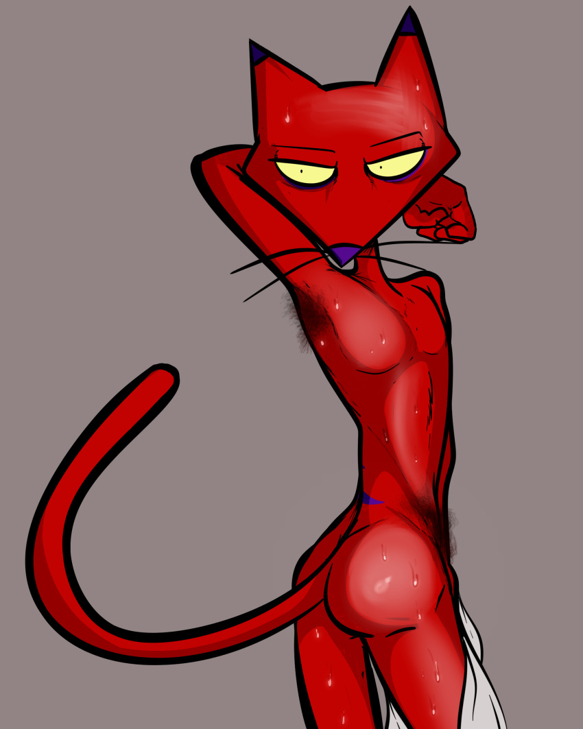 absurd_res anthro armpit_hair bodily_fluids body_hair butt cartoon_network courage_the_cowardly_dog domestic_cat felid feline felis hi_res illegaleel katz_(courage_the_cowardly_dog) male mammal pubes red_body solo sweat yellow_sclera