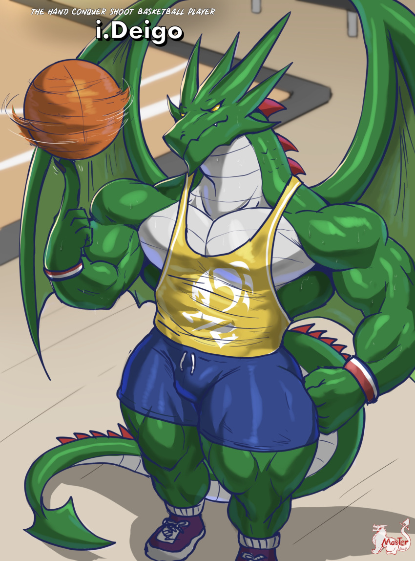 absurd_res anthro ball basketball_(ball) bottomwear clothed clothing countershade_neck countershade_tail countershade_torso countershading dragon green_body hi_res male masterelrest muscular muscular_anthro muscular_male shorts solo tail wings