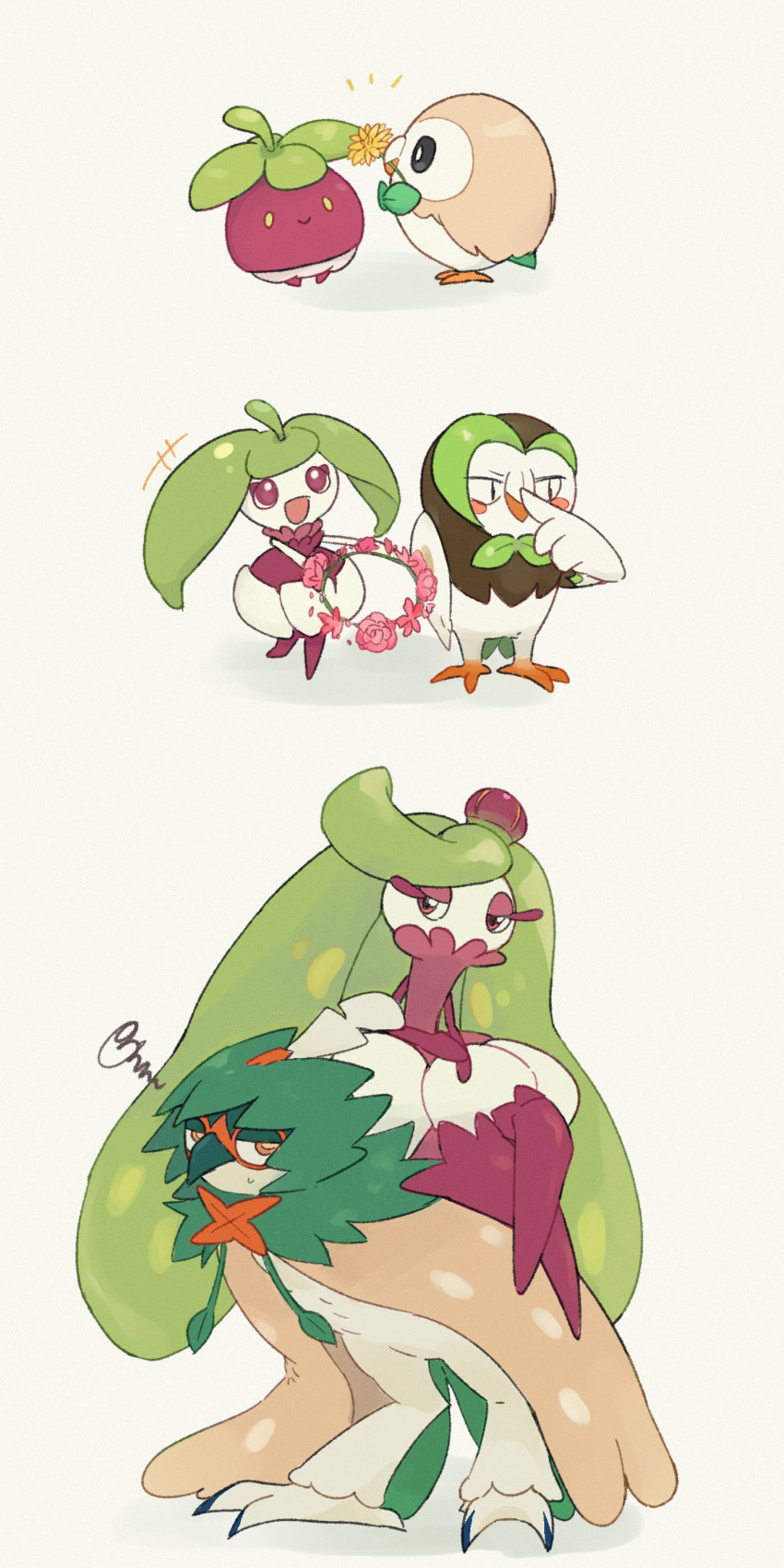 absurdres beak blush bounsweet dartrix decidueye evolutionary_line eyelashes flower flower_on_mouth green_eyes highres hiryoou looking_at_another no_humans notice_lines pokemon pokemon_(creature) rowlet sitting smile squiggle steenee tsareena wings yellow_eyes yellow_flower