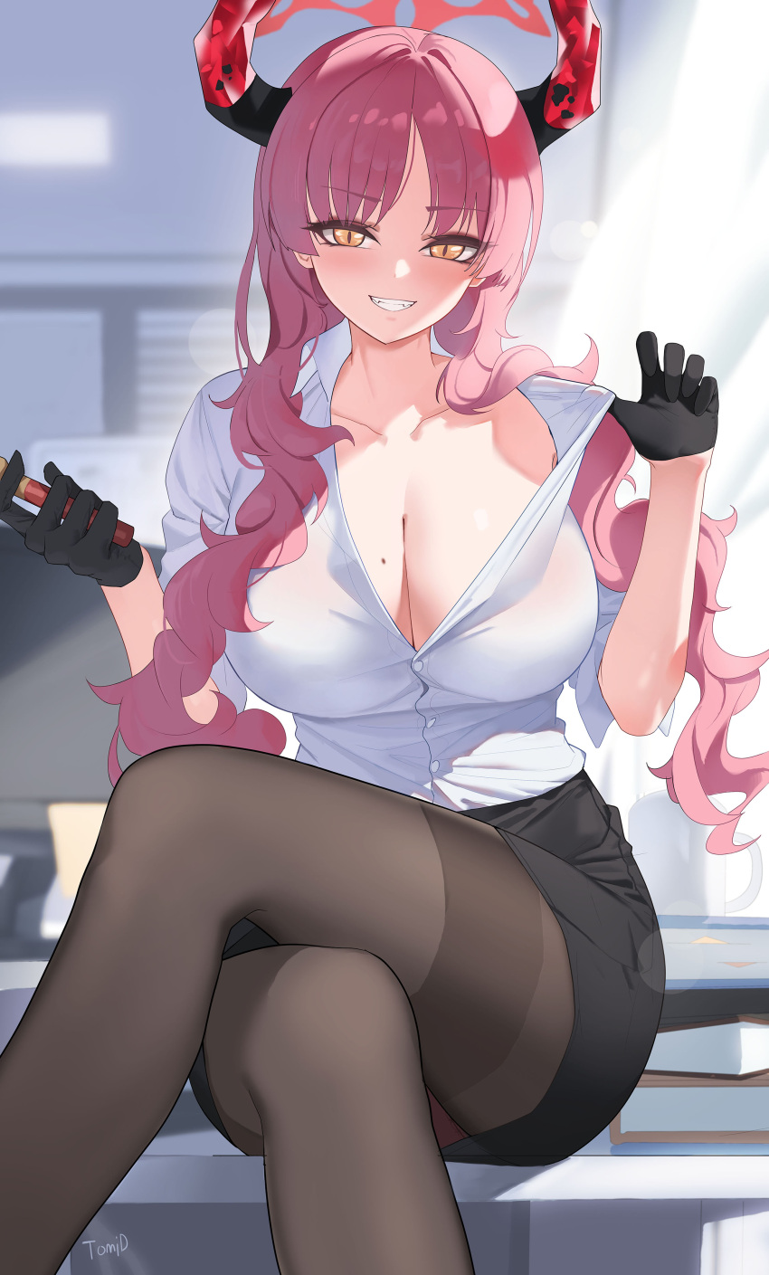 1girl absurdres artist_name bangs black_gloves black_horns black_skirt blue_archive blurry blurry_background breasts brown_pantyhose cleavage clenched_teeth clothes_pull collarbone collared_shirt day fangs gloves halo highres horns huge_breasts indoors light_blush long_hair looking_at_viewer mole mole_on_breast no_bra office open_clothes open_shirt pantyhose partially_unbuttoned pink_hair pulled_by_self red_horns satsuki_(blue_archive) shirt shirt_pull sitting sitting_on_table skirt smile solo teeth thighband_pantyhose thighs tomid two-tone_horns white_shirt yellow_eyes