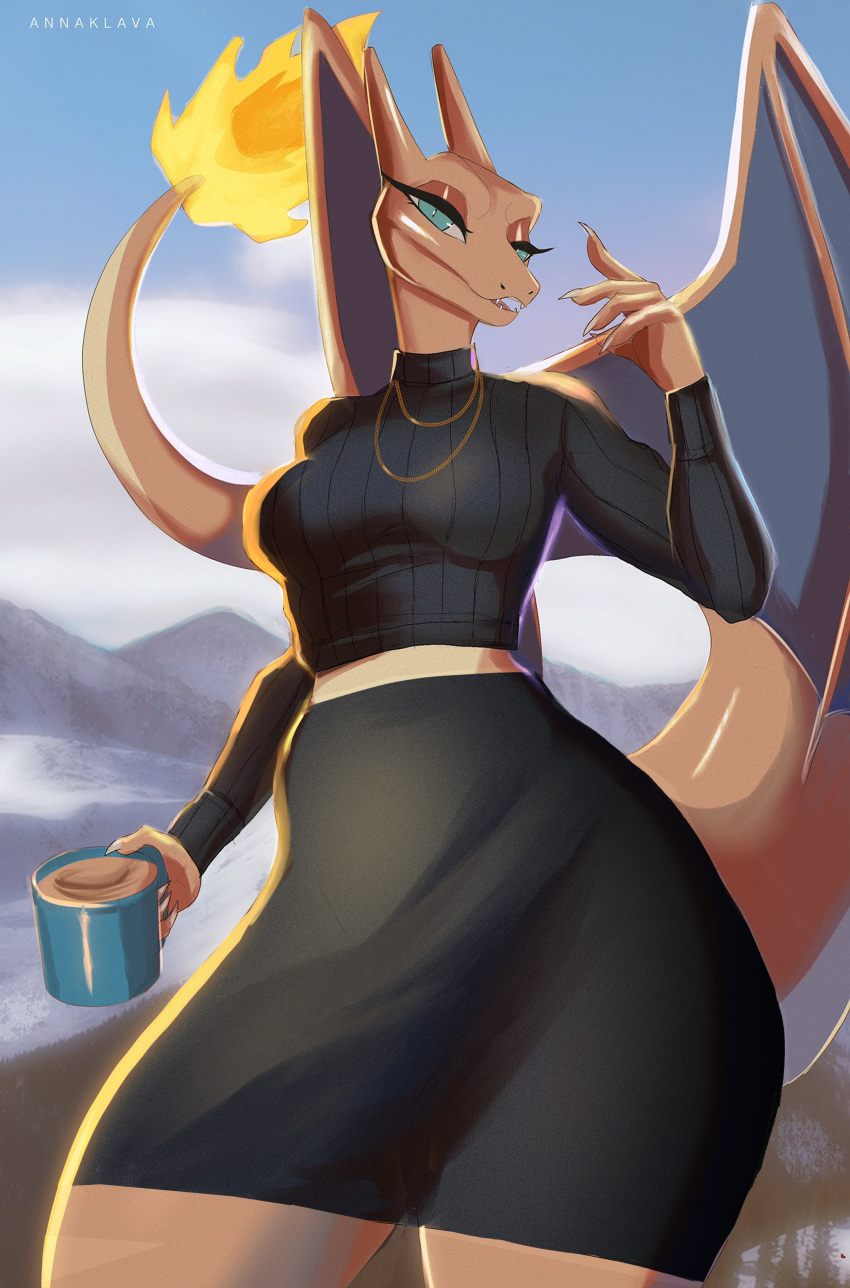 absurd_res annaklava anthro bottomwear charizard clothing coffee_cup collar container cup dragon female fire flaming_tail generation_1_pokemon gold_(metal) gold_collar hi_res metal_collar nintendo pokemon pokemon_(species) skirt solo