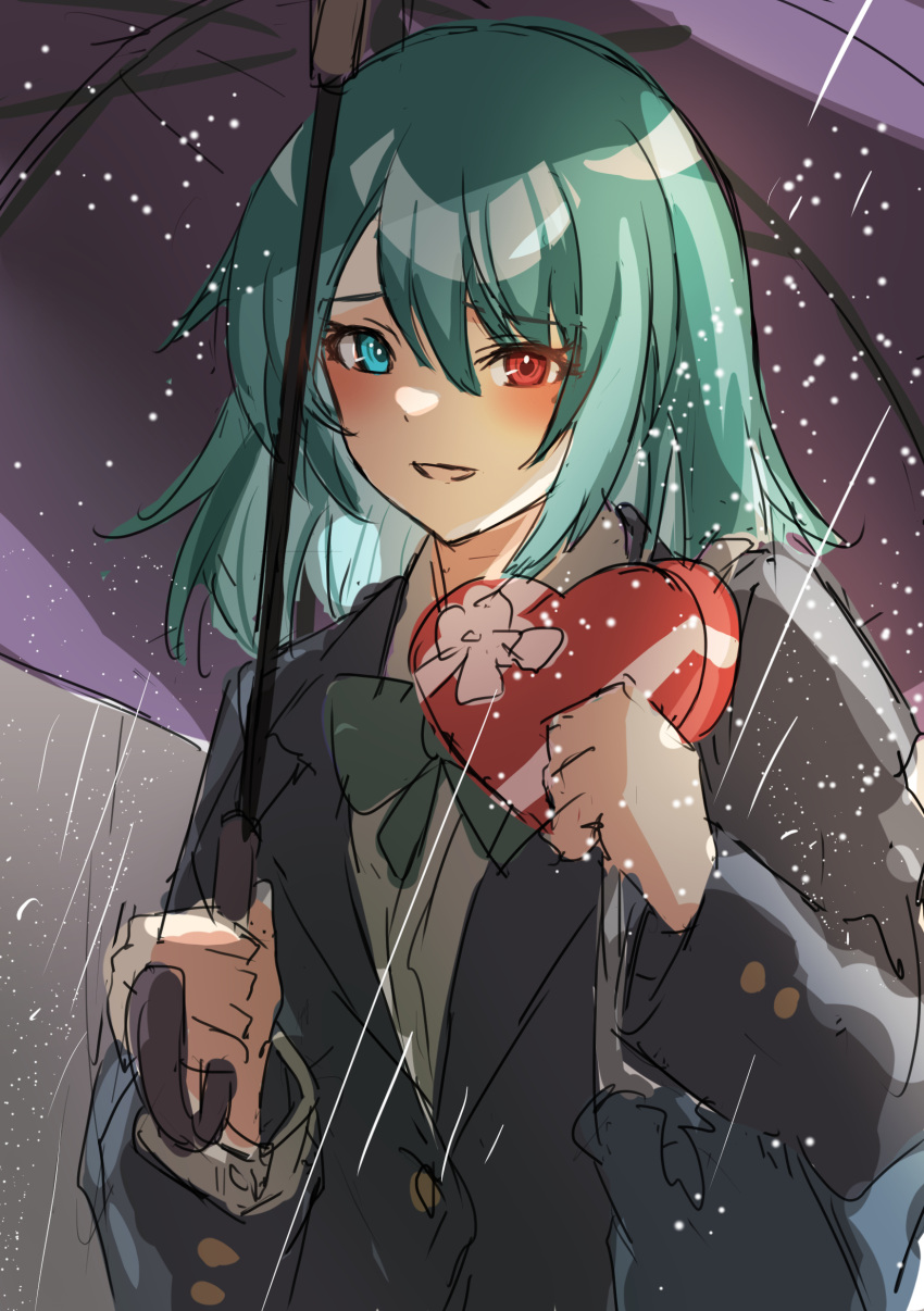 1girl :d absurdres alternate_costume bangs black_jacket blue_hair box heart-shaped_box highres holding holding_umbrella jacket kamu_kotan long_sleeves looking_at_viewer one-hour_drawing_challenge open_mouth outdoors purple_umbrella rain red_eyes short_hair smile solo tatara_kogasa touhou umbrella upper_body valentine