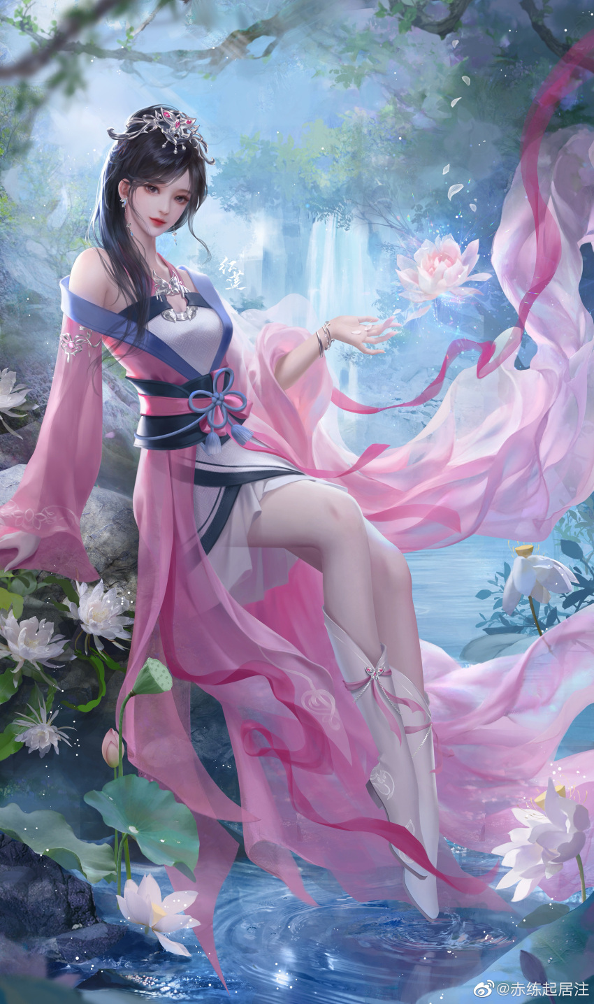 1girl absurdres bracelet chi_lian_(qin_shi_ming_yue) chinese_clothes closed_mouth dress earrings flower full_body fupo_alian hair_ornament highres jewelry lotus medium_hair o-ring_dress off-shoulder_dress off_shoulder outdoors qin_shi_ming_yue ripples sash second-party_source solo tiara tree water waterfall white_footwear