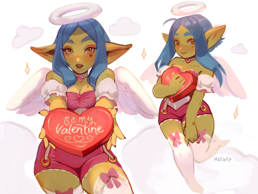 1girl absurdres angel_wings artist_name bangs bare_shoulders blue_hair blush bow bow_legwear box breasts brown_eyes choker cleavage colored_skin commentary detached_sleeves english_commentary eyeshadow facial_mark female_goblin goblin green_skin halo heart heart-shaped_box heart_choker highres incoming_gift large_ears long_hair looking_at_viewer maewix_(artist) makeup medium_breasts mole mole_on_breast multiple_views original parted_bangs pink_bow pointy_ears red_eyeshadow rissma_(maewix) smile sparkle thick_eyebrows thighhighs valentine white_choker white_thighhighs wings