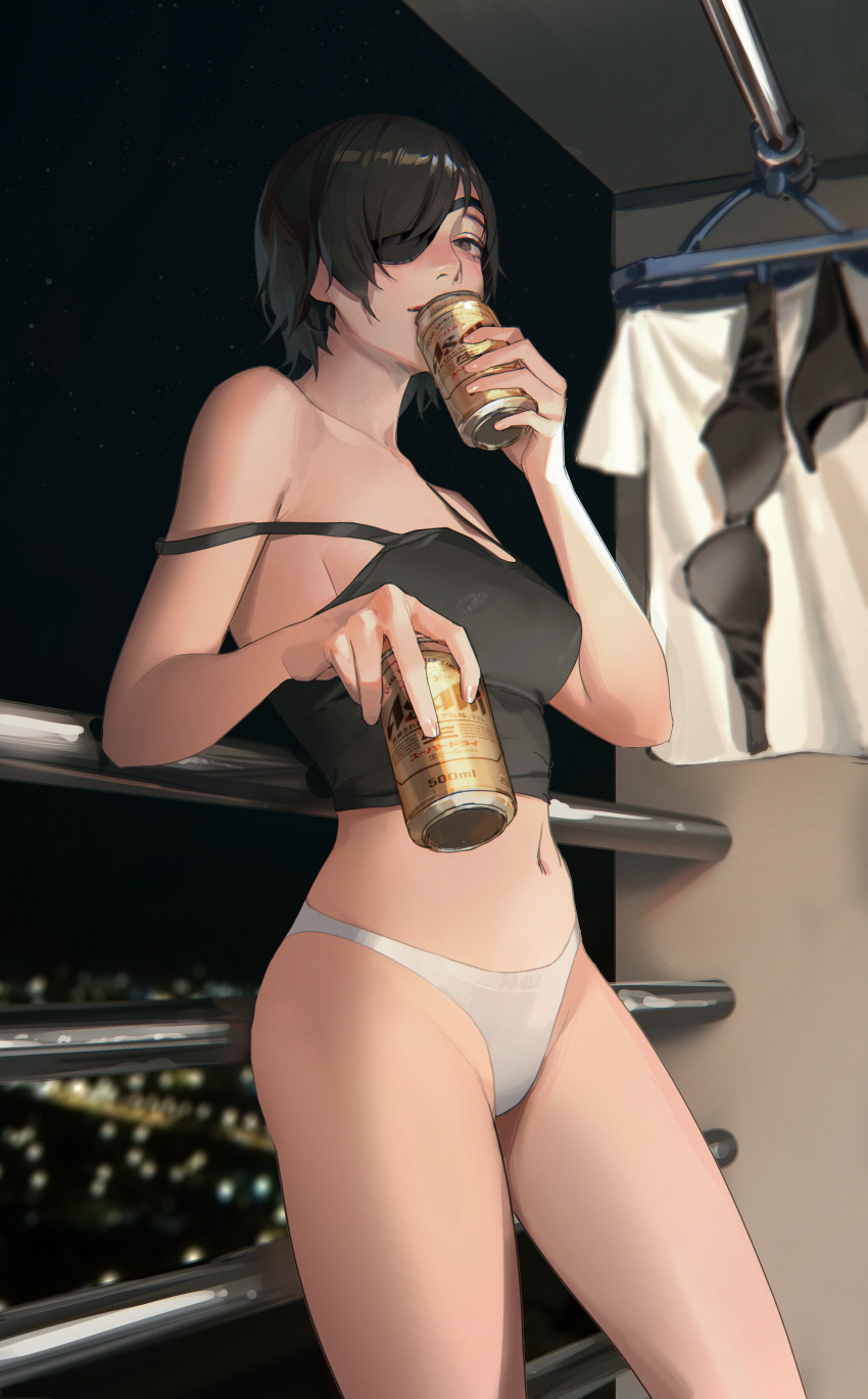 1girl absurdres against_railing alcohol asahi_breweries balcony bangs bare_arms bare_shoulders beer beer_can black_camisole black_eyes black_hair blush breasts camisole can chainsaw_man clothes_hanger cowboy_shot crop_top drink drinking eyepatch hand_up highres himeno_(chainsaw_man) holding holding_can holding_drink large_breasts limart looking_at_viewer navel night night_sky no_pants panties railing short_hair sidelocks sky solo stomach strap_slip thighs underwear white_panties