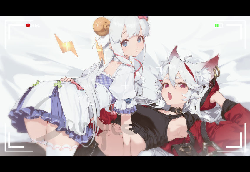 2girls absurdres ahoge animal_ears arm_up armpits black_choker black_shirt blue_eyes breasts choker crop_top dress extra_ears girl_on_top hand_on_another's_stomach highres hood hooded_jacket horns jacket letterboxed long_hair long_sleeves looking_at_viewer looking_back lying medium_breasts merry_(meumy) meumy midriff multicolored_hair multiple_girls navel on_back open_clothes open_jacket red_eyes red_jacket sheep_ears sheep_girl sheep_horns shirt shisantian short_sleeves sleeveless sleeveless_shirt stomach streaked_hair thighhighs umy_(meumy) viewfinder white_dress white_hair white_thighhighs wolf_ears wolf_girl
