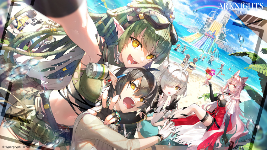 6+boys 6+girls :d absurdres ahoge animal_ear_fluff arknights arm_up armpits bare_shoulders barefoot belt bikini bikini_top_only black_bikini black_gloves black_hair bracelet breasts brown_hair capelet cleavage copyright_name cup day double_v dreadlocks drink drinking_glass elbow_gloves elysium_(arknights) eunectes_(arknights) fingerless_gloves gas_mask gavial_(arknights) gavial_the_invincible_(arknights) gloves green_bikini green_shorts hair_over_one_eye high-waist_skirt highres holding holding_cup infection_monitor_(arknights) jewelry large_breasts long_hair long_sleeves looking_at_viewer mask minimalist_(arknights) multicolored_hair multiple_boys multiple_girls multiple_rings navel official_alternate_costume official_art open_mouth outdoors outstretched_arm partially_fingerless_gloves pencil_behind_ear people pink_hair pointy_ears ponytail pozyomka_(arknights) rainbow red_eyes red_skirt redrop ring robot selfie short_hair short_shorts shorts sitting skirt smile snake_tail speech_bubble streaked_hair swimsuit tail two_side_up v v-shaped_eyebrows very_long_hair water water_drop water_slide white_capelet white_gloves white_hair wolf_girl wolf_tail yellow_eyes