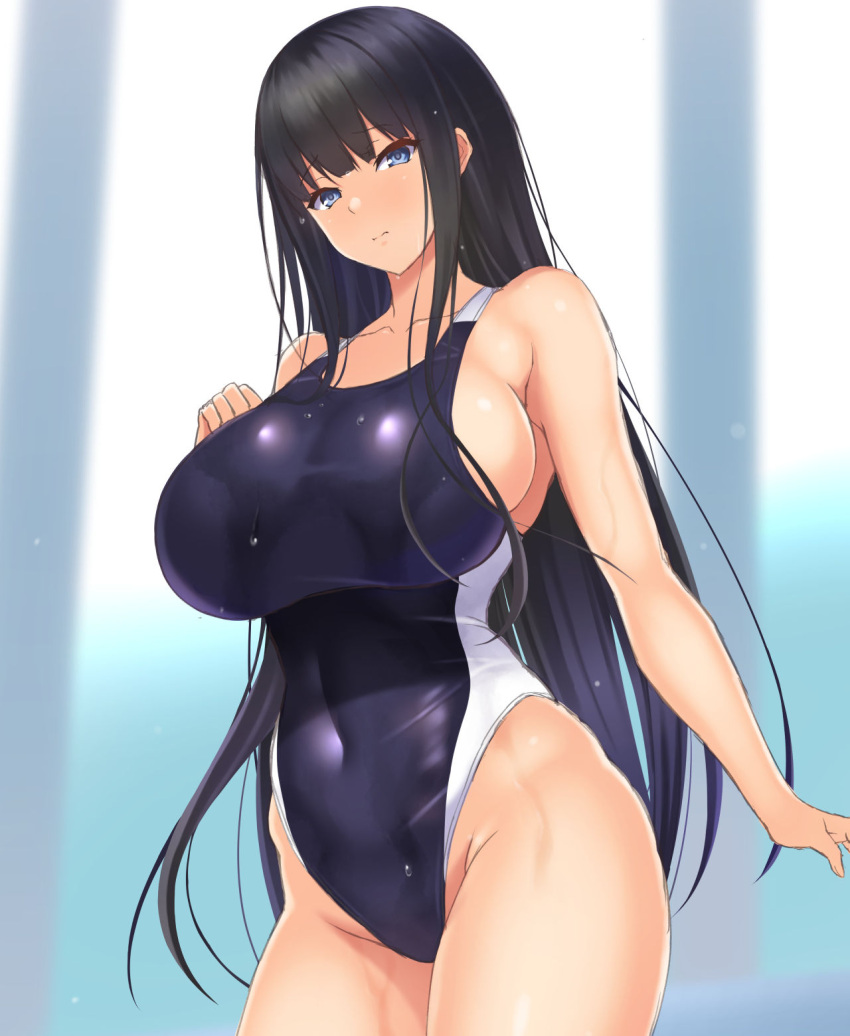 1girl black_hair black_one-piece_swimsuit blue_eyes breasts commentary_request competition_swimsuit covered_navel cowboy_shot highres large_breasts long_hair looking_at_viewer nanakorobi_yaoki one-piece_swimsuit original solo standing swimsuit two-tone_swimsuit wet wet_clothes wet_swimsuit