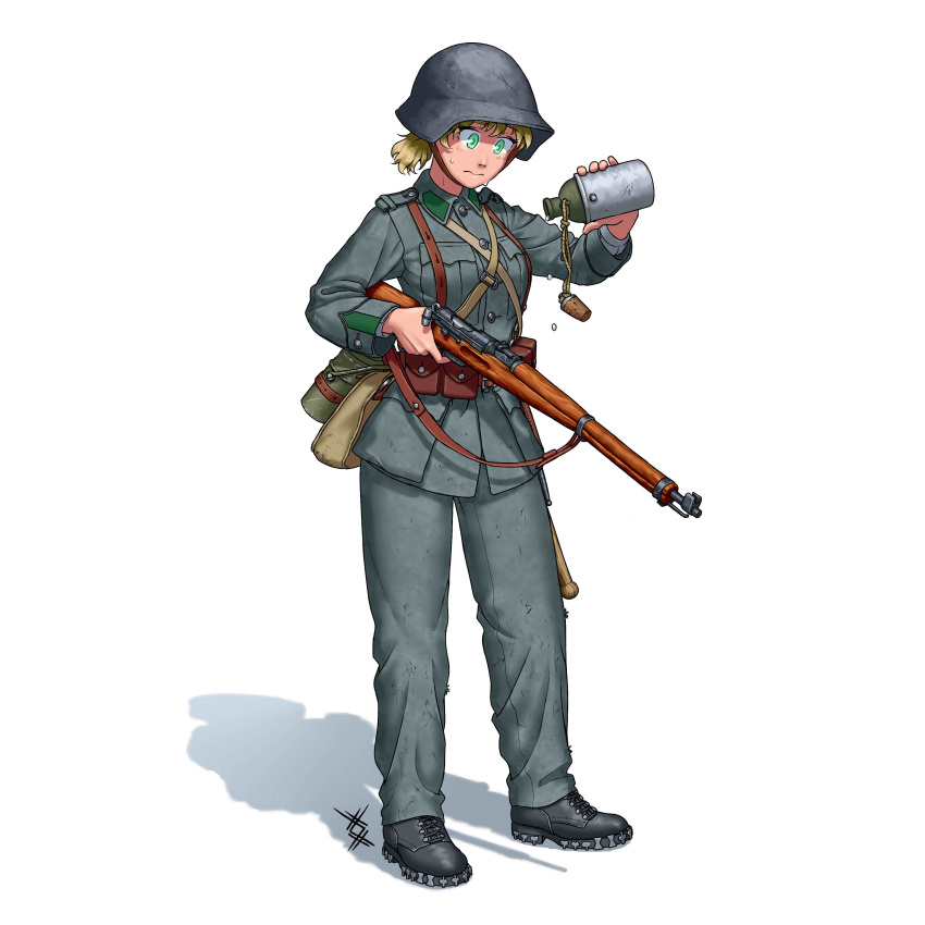 1girl absurdres black_footwear blonde_hair boots canteen commission entrenching_tool green_eyes gun helmet highres load_bearing_equipment mess_kit military military_helmet military_uniform original ostwindprojekt rifle signature simple_background sweatdrop uniform water_drop weapon weapon_request