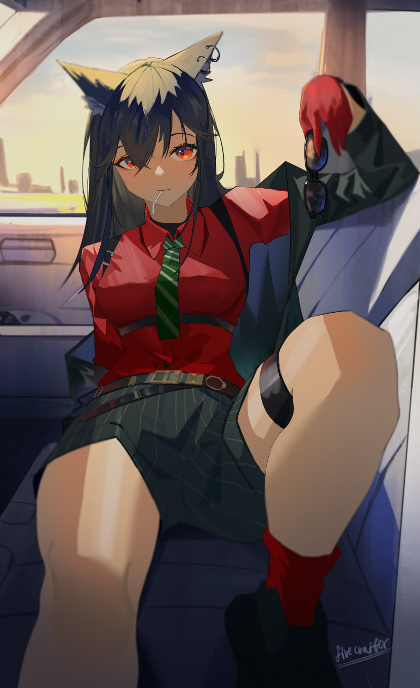 1girl absurdres animal_ear_fluff animal_ears arknights arm_up belt black_coat black_hair black_shorts blush breasts car car_interior coat collared_shirt eyewear_removed fang firecracker_(user_kgxp3553) gloves ground_vehicle hair_over_one_eye highres holding holding_eyewear knees_up leaning_back long_hair long_sleeves looking_at_viewer medium_breasts motor_vehicle mouth_hold official_alternate_costume open_clothes open_coat red_eyes red_gloves red_shirt shirt shorts signature sitting smile solo texas_(arknights) texas_(willpower)_(arknights) wolf_ears yellow_sky