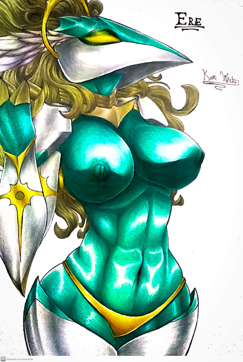 absurd_res angel animal_mask anthro areola armor beak_mask big_breasts blonde_hair blue_body blue_skin breasts bright_eyes clothing fan_character female flowing_hair glistening glistening_eyes hair hi_res humanoid kami_writer mask neckwear original_content simple_background solo solo_focus spirit underwear white_background yellow_eyes