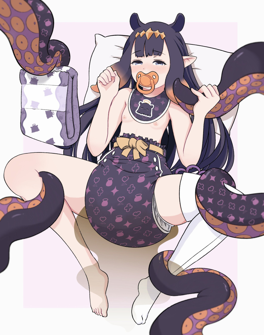 absurd_res accessory animal_humanoid bib blue_eyes blue_hair blush breasts cephalopod cephalopod_humanoid clothing diaper diaper_change diaper_cover feces female hair headband hi_res holding_tentacle hololive hololive_en humanoid humanoid_pointy_ears infantilism jewelry legwear looking_at_viewer lying mammal marine marine_humanoid messy_diaper mollusk mollusk_humanoid ninomae_ina'nis nipples object_in_mouth octojo on_back pacifier pacifier_in_mouth pillow pseudo_hair simple_background small_breasts smelly soiled_diaper soiling solo stink_fumes tentacle_hair tentacles thigh_highs virtual_youtuber