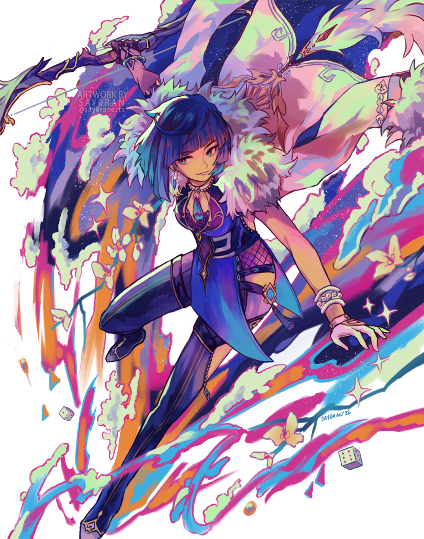 1girl aqua_simulacra_(genshin_impact) arm_up artist_name asymmetrical_gloves bangs black_footwear black_gloves black_hair blue_dress blue_hair boots bow_(weapon) bracelet branch breasts china_dress chinese_clothes commentary dated diagonal_bangs dice dress earrings elbow_gloves fishnets flower full_body fur-trimmed_jacket fur-trimmed_sleeves fur_trim genshin_impact gloves gold_trim gradient_hair green_eyes highres holding holding_bow_(weapon) holding_weapon jacket jacket_on_shoulders jewelry medium_breasts mismatched_gloves mole mole_on_breast multicolored_hair neck_ring parted_lips pelvic_curtain pink_flower say0ran short_hair sidelocks sleeveless sleeveless_dress smile solo sparkle star_(symbol) tassel thigh_boots uneven_gloves vision_(genshin_impact) water watermark weapon white_background white_gloves white_jacket yelan_(genshin_impact)