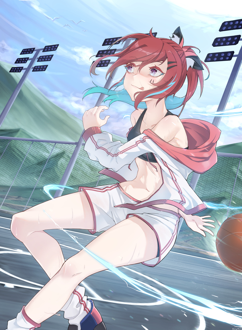 1girl absurdres animal_ears arm_behind_back basketball basketball_court bird blue_sky bra closed_mouth cloud commentary fence floating_hair fox_ears hair_ornament hairpin highres jacket looking_away mountain multicolored_hair navel open_clothes open_jacket original outdoors ponytail purple_eyes red_hair rukaniru running shoes shorts sidelocks sky socks sports_bra sportswear stomach streaked_hair sweat tongue tongue_out underwear