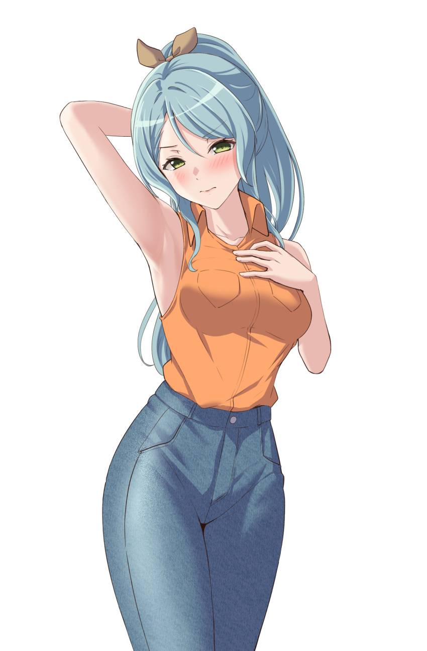 1girl absurdres alternate_hairstyle aqua_hair arm_behind_head arm_up armpits bang_dream! bangs bare_arms bare_shoulders blue_pants blush bow breast_pocket breasts brown_bow buttons closed_mouth collarbone collared_shirt commentary cowboy_shot denim green_eyes hair_bow hand_on_own_chest hand_up high-waist_pants high_ponytail highres hikawa_sayo jeans large_breasts looking_at_viewer orange_shirt pants pocket ponytail ptal shirt shirt_tucked_in simple_background sleeveless sleeveless_shirt solo standing swept_bangs symbol-only_commentary v-shaped_eyebrows white_background