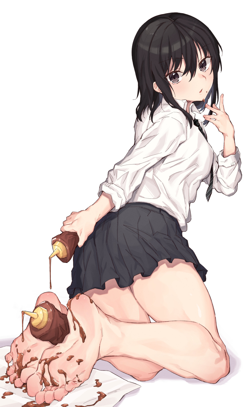 1girl absurdres bare_legs barefoot batatata77 black_eyes black_hair black_skirt chocolate chocolate_on_body chocolate_on_foot commentary feet food_on_body foot_focus greek_toe highres looking_at_viewer medium_hair original pleated_skirt school_uniform serafuku shirt skirt soles toes white_background white_shirt