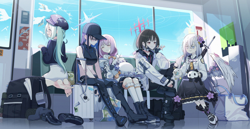 5girls :&gt; angel_wings assault_rifle atsuko_(blue_archive) azusa_(blue_archive) backpack bag bandaged_neck bandages bangs barefoot baseball_cap bird black_dress black_footwear black_hair black_hoodie black_socks blue_archive blue_eyes blue_gloves blue_hair blue_jacket blue_sailor_collar blue_sky bonnet boots bow breasts camera chips_(food) collarbone commentary crossed_bangs denim dress feathered_wings feet fingerless_gloves flower food frilled_dress frills gloves green_hair gun gun_on_back hair_between_eyes hair_bow halo handgun hat hat_flower highres hiyori_(blue_archive) holding holding_clothes holding_gun holding_hat holding_stuffed_toy holding_weapon hood hoodie jacket jeans jitome knee_boots kneeling korean_commentary loafers long_hair looking_at_another m4_carbine map medium_breasts midriff misaki_(blue_archive) mnnnya multicolored_hair multiple_girls navel neckerchief orange_bow pants peroro_(blue_archive) petticoat potato_chips purple_eyes purple_hair red_eyes rifle rolling_suitcase sailor_collar saori_(blue_archive) shoes shoes_removed short_hair side_ponytail sidelocks sitting sky sleeping sleeping_upright socks socks_removed soles stomach stuffed_toy suitcase tank_top toes torn_clothes torn_jeans torn_pants train_interior trigger_discipline two-tone_hair very_long_hair weapon weapon_on_back white_footwear white_hair white_jacket white_socks white_wings wings yellow_eyes yellow_neckerchief