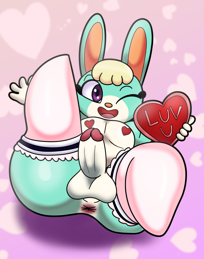 &lt;3 animal_crossing anthro anus balls big_butt butt clothing english_text frilly_stockings genitals heart_pasties hi_res holidays lagomorph legwear leporid looking_at_viewer male mammal nintendo one_eye_closed open_mouth open_smile pasties penis presenting rabbit sasha_(animal_crossing) smile solo someth1ngoranother stockings text thick_thighs valentine's_day valentines_day_card wink