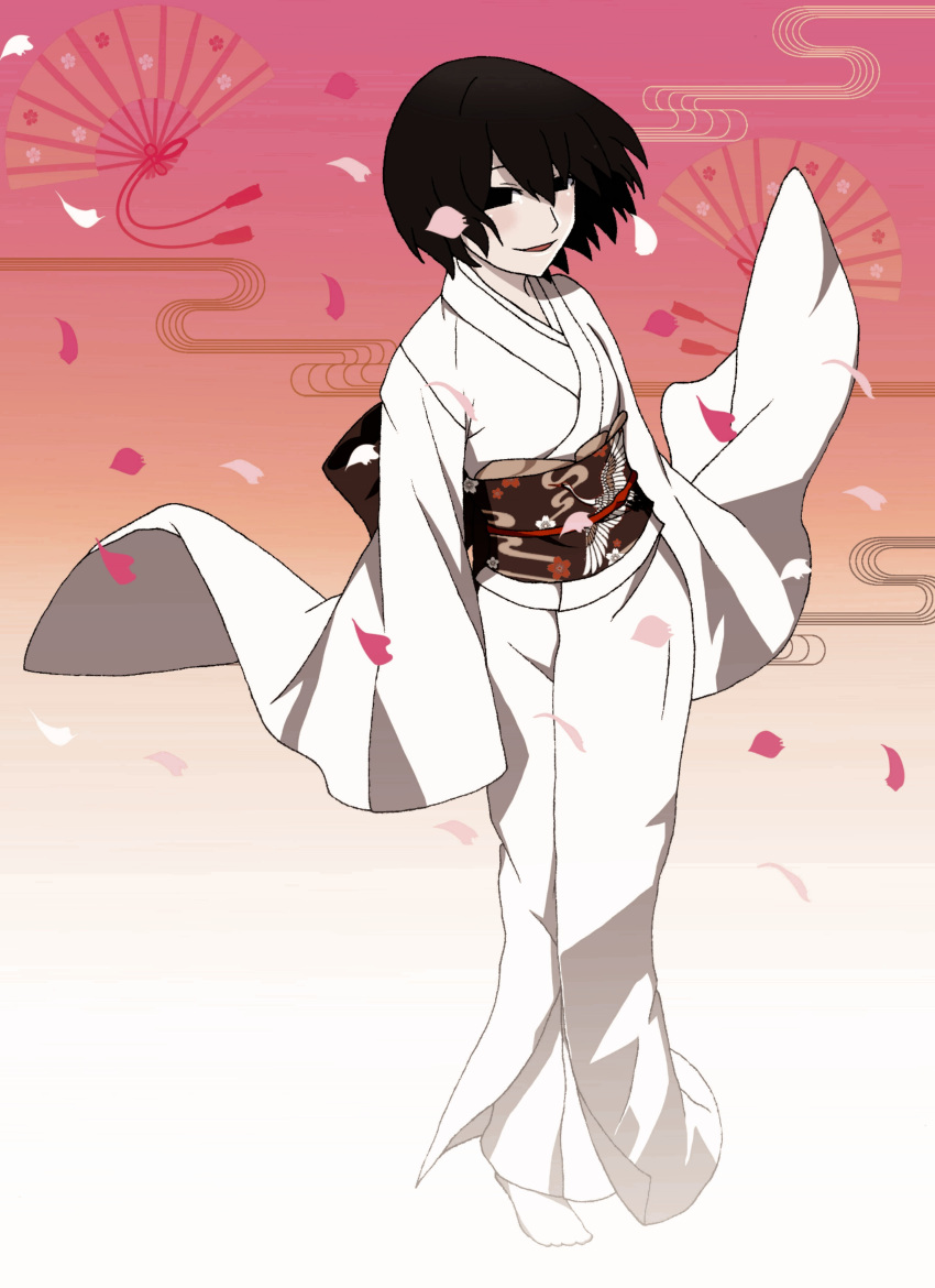 1girl absurdres arms_at_sides ayami_(uz_ani) bangs bird black_eyes black_hair black_sash blush bob_cut breasts commentary crane_(animal) empty_eyes falling_petals floating_clothes floating_hair floral_print folding_fan full_body gradient_background hair_between_eyes hand_fan highres japanese_clothes kimono long_sleeves looking_at_viewer looking_to_the_side monogatari_(series) no_shoes obi oshino_ougi pale_skin parted_lips petals red_background sash short_hair sleeves_past_fingers sleeves_past_wrists small_breasts smile socks solo standing white_background white_kimono white_socks wind