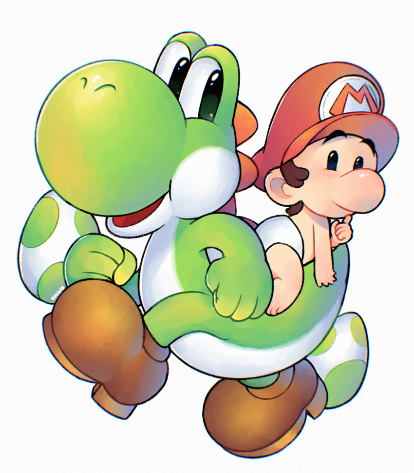 1boy baby_mario boots brown_footwear brown_hair diaper hat highres mario_(series) open_mouth red_headwear saiwoproject short_hair simple_background white_background yoshi yoshi_egg