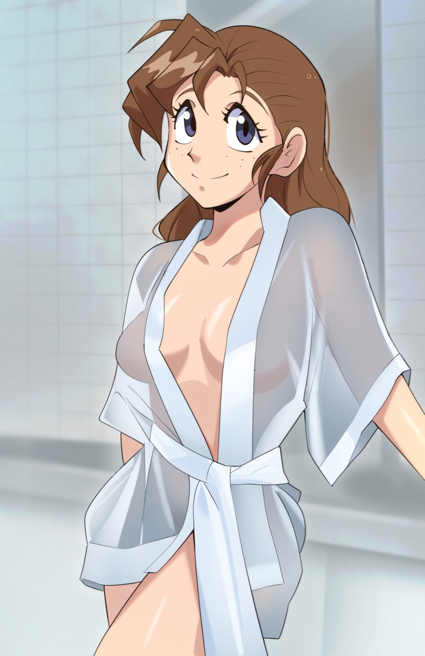 1girl becky_farrah blue_eyes breasts brown_hair cleavage eqe_(eqeart) freckles gunsmith_cats highres lingerie long_hair looking_at_viewer medium_breasts negligee no_bra no_eyewear see-through smile solo underwear