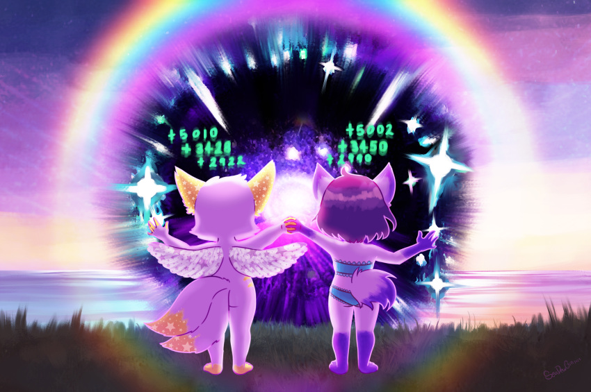 absurd_res anthro badger butt canid canine cassiopeia_zephyrine clothed clothing drapes duo exadian female fox galaxy healing_magic hi_res janus_zephyrine lingerie magic mammal mustelid musteline nebula newborn_stars nude number_text otorigin portal rainbow space space_badger star wings