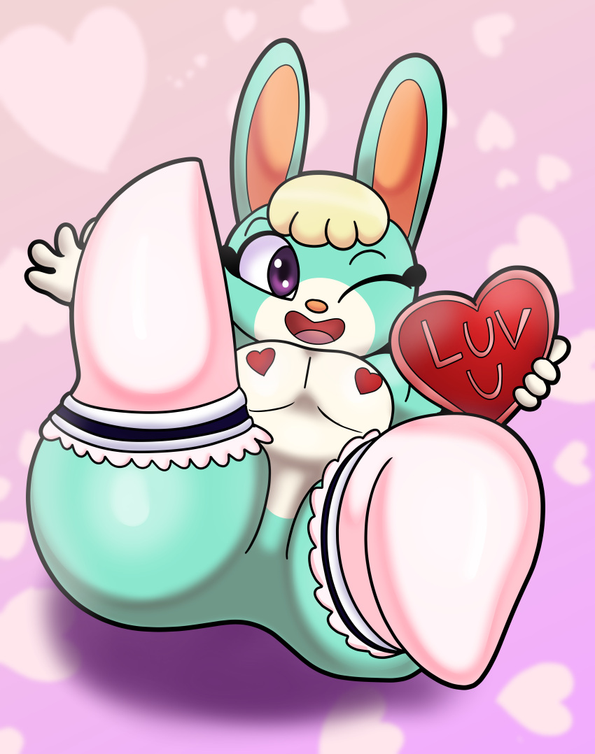 &lt;3 absurd_res animal_crossing anthro big_butt butt clothing english_text featureless_crotch frilly_stockings heart_pasties hi_res holidays lagomorph legwear leporid looking_at_viewer male mammal nintendo one_eye_closed open_mouth open_smile pasties rabbit sasha_(animal_crossing) smile solo someth1ngoranother stockings text thick_thighs valentine's_day valentines_day_card wink