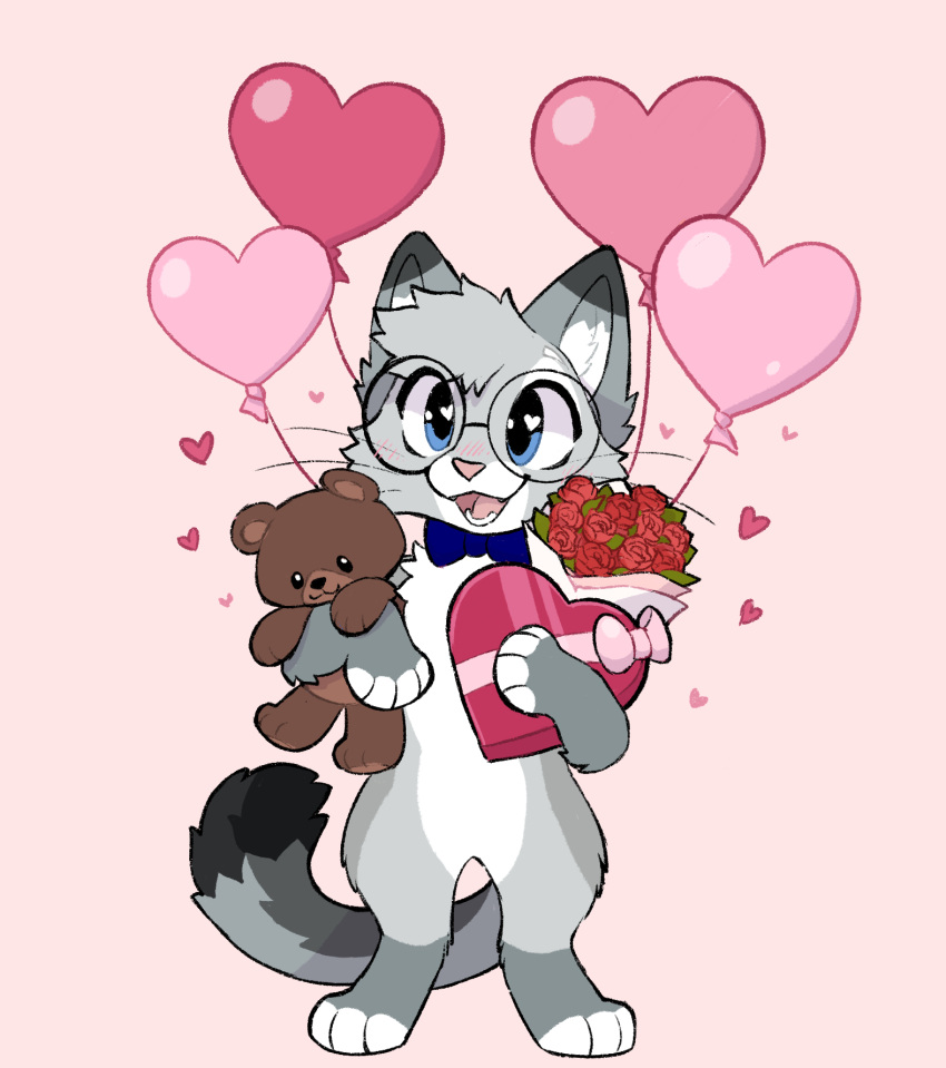 &lt;3 &lt;3_eyes 3_toes anthro balloon blue_eyes blush bouquet bow_tie bow_tie_only box_of_chocolates candy chocolate clothed clothing cute_expression cute_eyes dessert digital_media_(artwork) dipstick_ears dipstick_fingers dipstick_tail dipstick_toes domestic_cat egyptian_mau eyewear feet felid feline felis flower food fur glasses grey_body hair heart_balloon hi_res holidays inflatable looking_at_viewer male mammal markings mostly_nude multicolored_body multicolored_ears multicolored_tail nixuelle open_mouth pink_nose plant plushie ribbons rose_(flower) simple_background smile solo soyyemilk tail tail_markings teddy_bear teeth toes tongue tuft valentine's_day