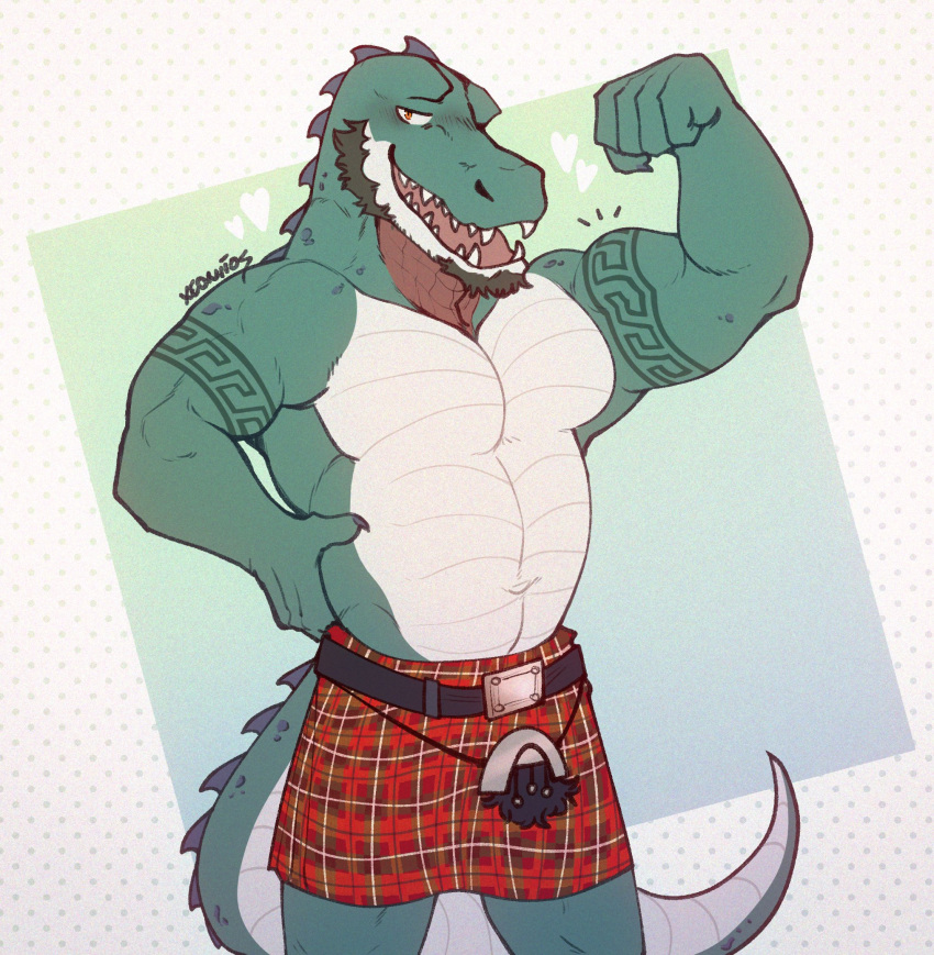 &lt;3 2020 anthro arm_tattoo beard belly_scales belt biceps black_hair clothed clothing countershading crocodile crocodilian crocodylid digital_media_(artwork) facial_hair flexing_bicep green_background green_body green_scales hair hand_on_side head_spikes hi_res kilt looking_at_viewer male muscular muscular_anthro muscular_arms muscular_male navel neck_spikes non-mammal_hair non-mammal_navel reptile scales scalie sharp_teeth signature simple_background solo spiked_tail spikes spikes_(anatomy) tattoo teeth topless topless_anthro topless_male torfi white_body white_scales xeoniios