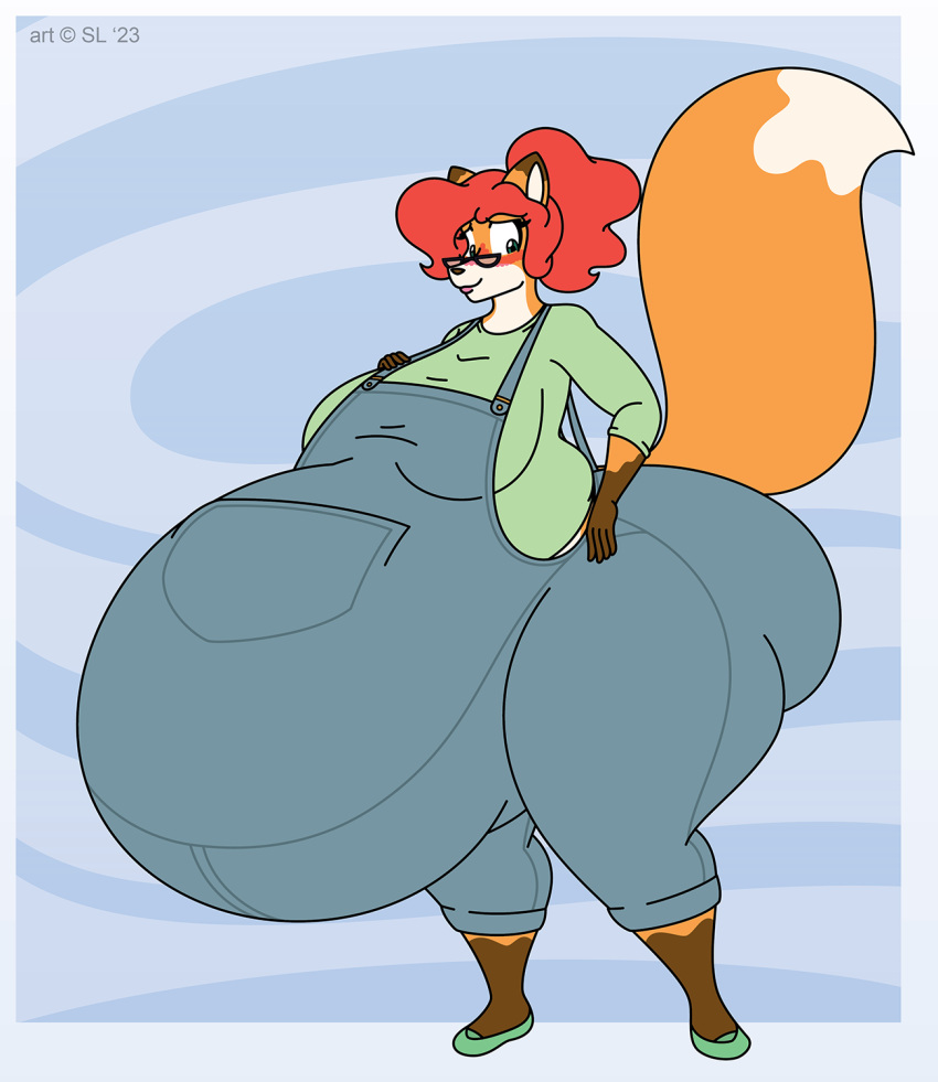 &copy; 2023 anthro big_breasts big_butt blush breasts butt canid canine clothed clothing digital_media_(artwork) eyewear female footwear fox glasses green_eyes hair hi_res huge_belly huge_breasts irma_(satsumalord) long_sleeves mammal overals pregnant red_hair satsumalord shoes solo symbol thick_thighs