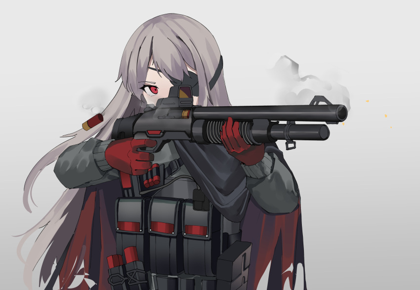 1girl absurdres black_jacket cape commentary covered_mouth evelyn_(girls'_frontline_nc) eyepatch gar32 girls'_frontline girls'_frontline_neural_cloud gloves grey_background grey_hair gun highres holding holding_gun holding_weapon jacket long_hair long_sleeves red_cape red_eyes red_gloves shotgun shotgun_shell simple_background smoke solo torn_cape torn_clothes upper_body very_long_hair weapon weapon_request