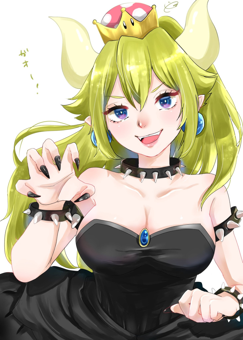 1girl bangs bare_shoulders black_collar black_dress black_leotard black_nails blonde_hair blue_eyes bowsette breasts choker cleavage collar commentary crown dress fangs highres horns jewelry large_breasts leotard long_hair looking_at_viewer mario_(series) nail_polish necklace new_super_mario_bros._u_deluxe ponytail solo spiked_collar spikes super_crown tongue upper_body wae_(mameriko5875)